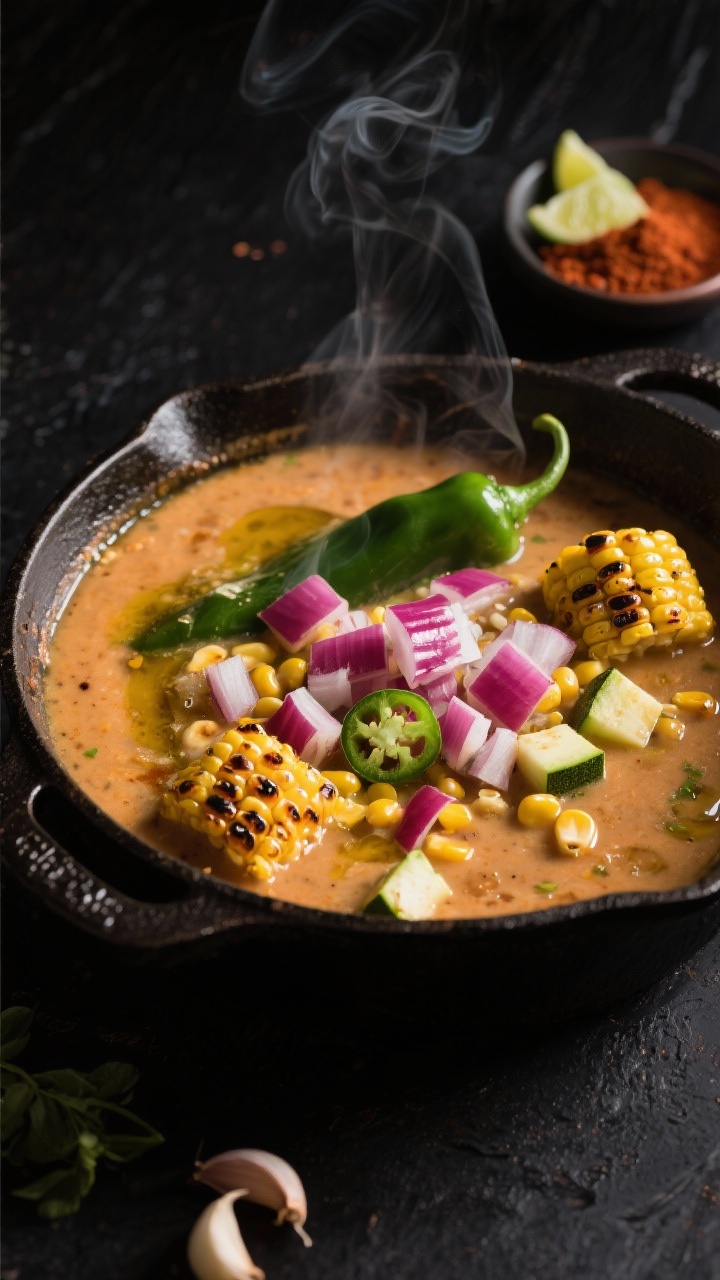 45-degree angle process shot of a Southwest smoky chowder base in a cast-iron Dutch oven: glistening olive oil, diced red onion, poblano pepper, optional minced jalapeño, and garlic softening with lightly charred corn kernels and diced zucchini; edges of corn showing caramelized speckles for “charred corn magic”; warm, moody tones suggesting gentle smoke; a small dish of chili powder and lime wedges in the background, matte black surface, shallow depth of field, no people.