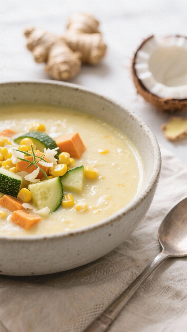 Close-up bowl shot of a dairy-free creamy coconut zucchini-corn chowder, silky and pale golden from coconut oil and grated fresh ginger; tender diced zucchini, bright corn kernels, and soft cubes of sweet potato peeking through; micro-splashes of coconut milk on the surface, finely minced garlic and ginger threads visible; served in a matte stoneware bowl on a light linen, spoon resting at the side; clean, airy styling with fresh ginger knob and shallot halves in the background, soft daylight, no people.