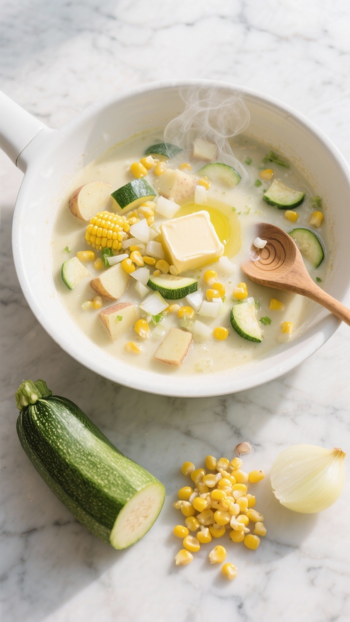 Overhead shot of a creamy zucchini corn chowder in a wide, shallow white skillet on a marble surface, steam rising; visible diced yellow onion, sweet corn kernels, tender diced zucchini, and small Yukon gold potato cubes in a velvety buttery broth; a knob of unsalted butter melting at the skillet edge with a sheen of olive oil, scattered minced garlic, a wooden spoon trailing swirls; styled with a halved zucchini, a small pile of fresh or frozen corn kernels, and a diced yellow onion off to the side for context; bright, summery mood, natural light, crisp highlights, no people.