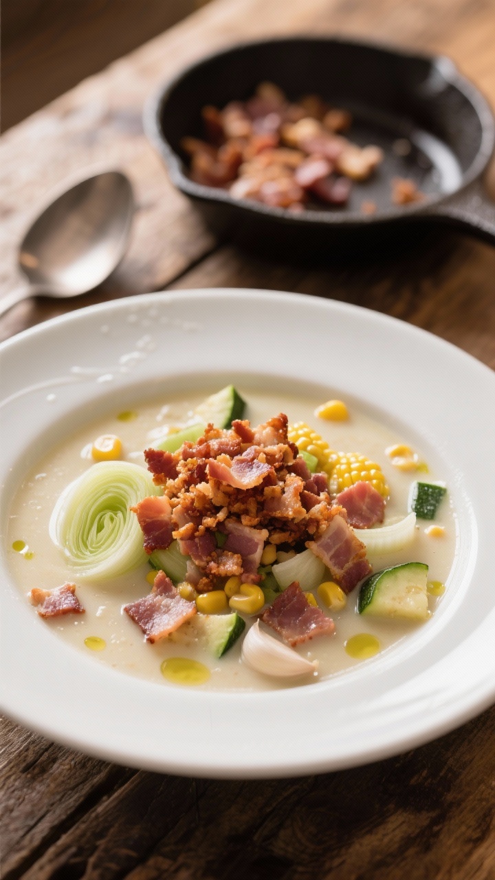 Straight-on plated presentation of one-pot chowder crowned with a generous pile of ultra-crispy pancetta crumbles; in the bowl: creamy broth with sliced leek, garlic, diced zucchini, and corn kernels; some pancetta pieces folded into the soup, others sprinkled on top for crunch; glossy surface with olive oil droplets; set on a rustic wooden table, small skillet of remaining pancetta in frame, ladle nearby; warm, cozy lighting, no people.