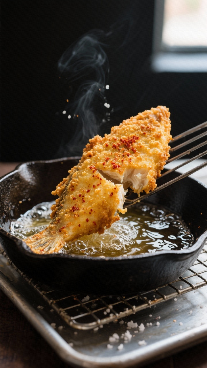Close-up action shot of golden Southern-style fried catfish fillets just lifted from hot oil in a ca