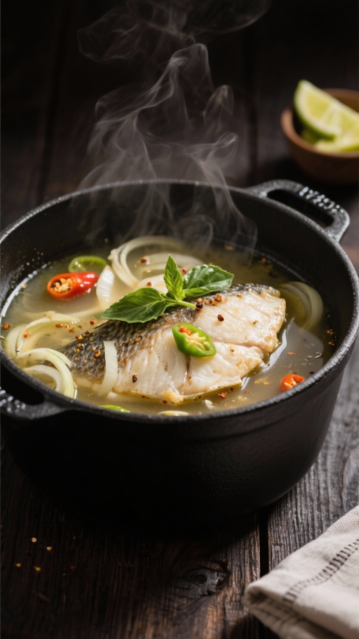 Close-up cooking process: Catfish pepper soup simmering gently in a matte-black Dutch oven, clear ar