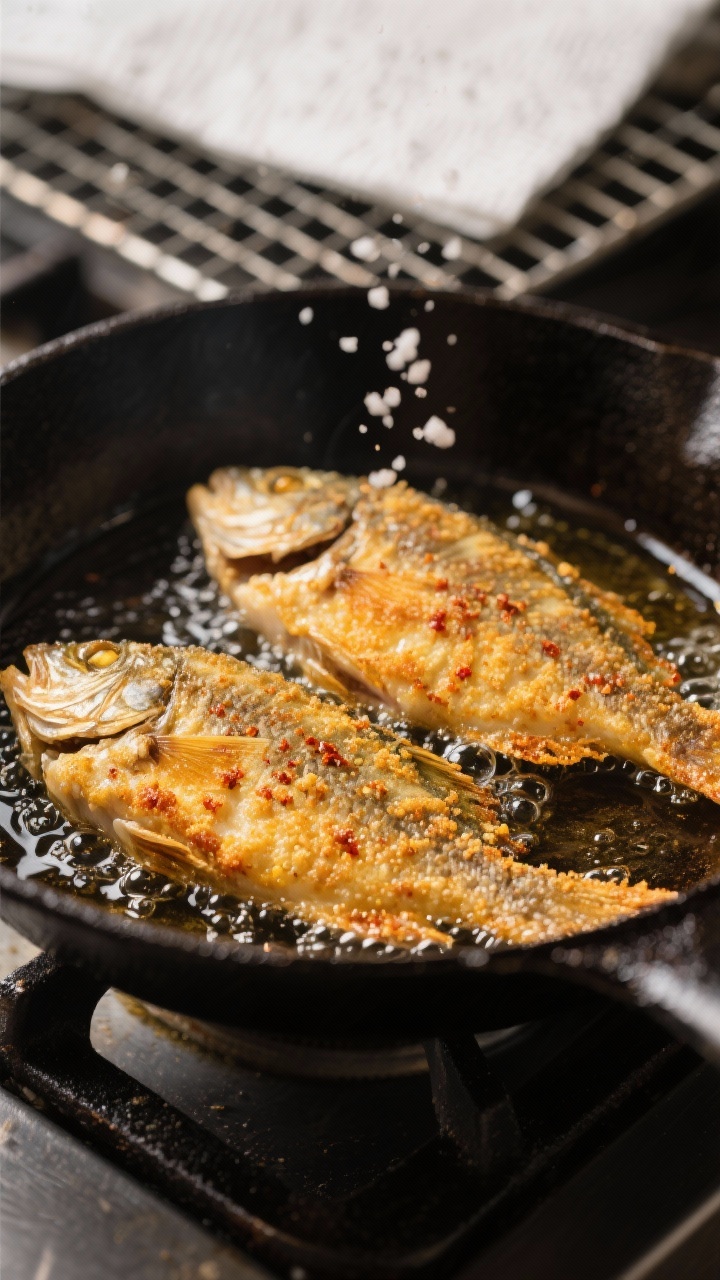 Close-up cooking process: Crispy perch fillets sizzling in a shallow layer of hot oil in a cast-iron