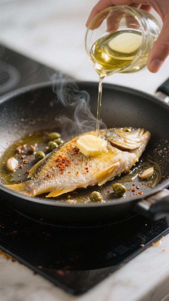 Close-up cooking process: Golden, pan-seared perch fillets mid-cook in a preheated nonstick skillet,