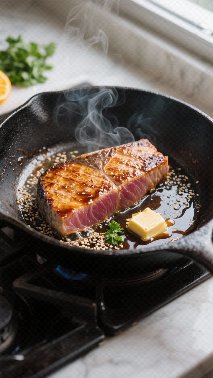Close-up cooking process: Searing bluefin tuna steak in a smoking-hot cast-iron skillet, deep golden