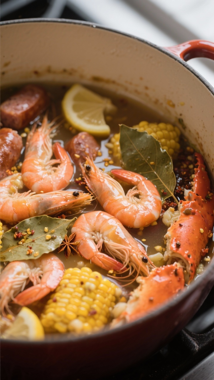 Close-up cooking process shot in a large stockpot: corn and sausage already bobbing, just-added shri