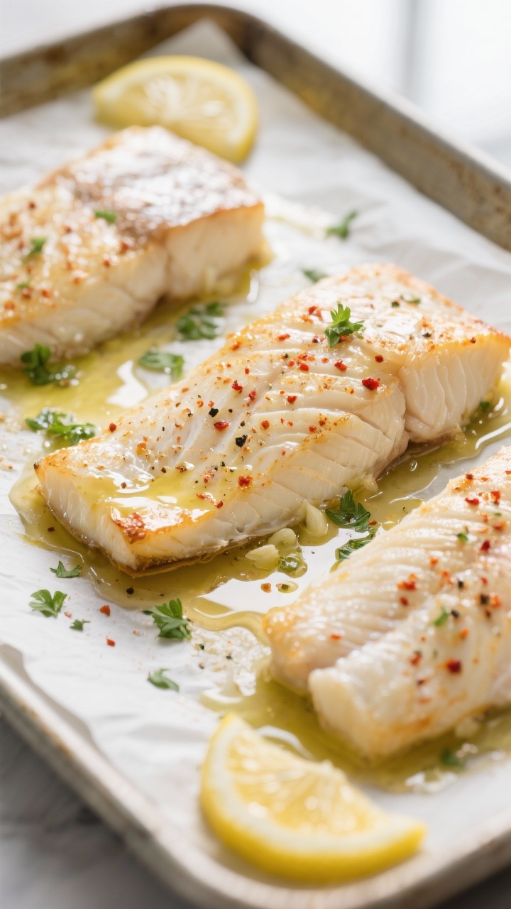 Close-up detail and cooking process: Alaskan baked cod fillets mid-bake on a parchment-lined sheet p
