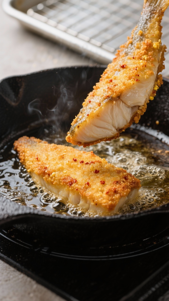 Close-up detail and cooking process: Golden fried walleye fillet sizzling in a black cast-iron skill