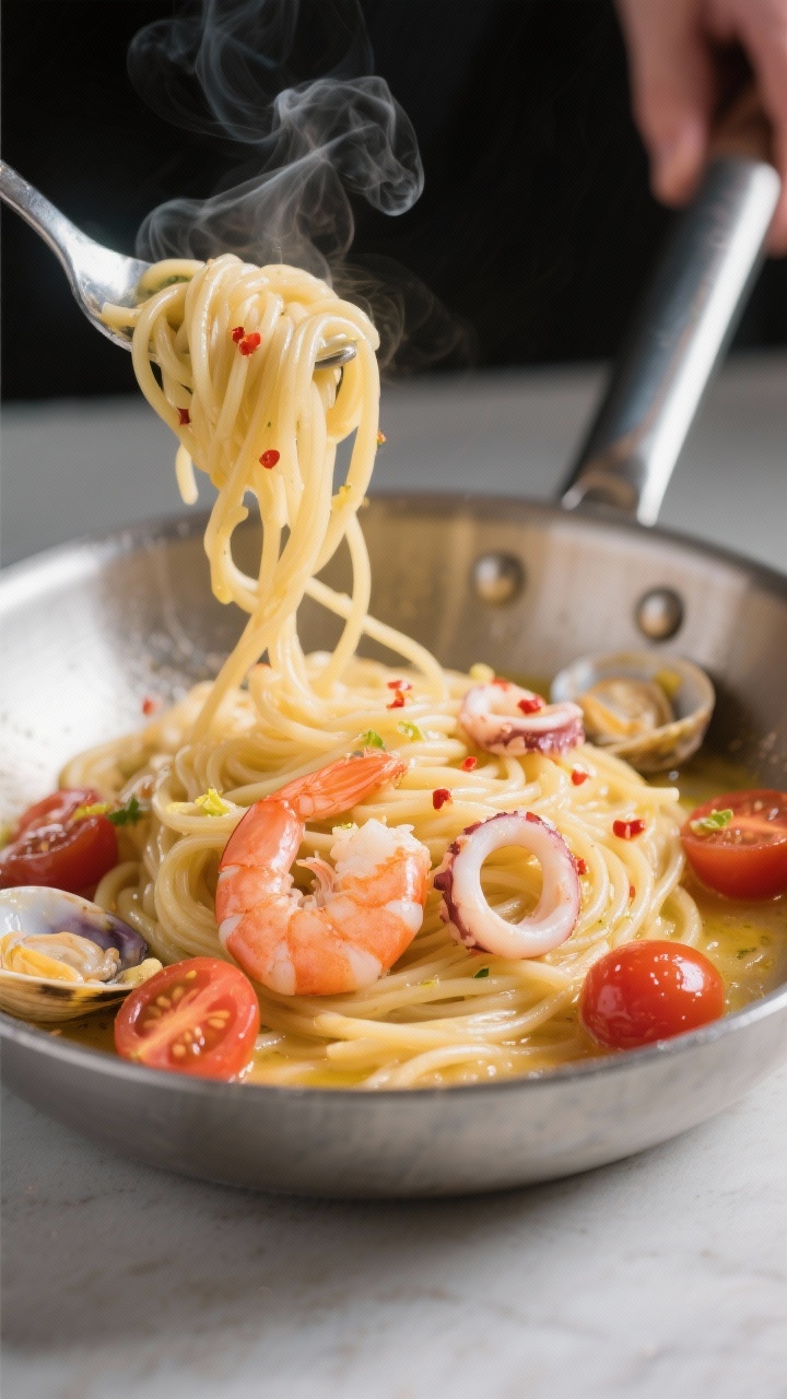 Close-up detail and cooking process: Silky linguine being tossed in a wide stainless-steel skillet w