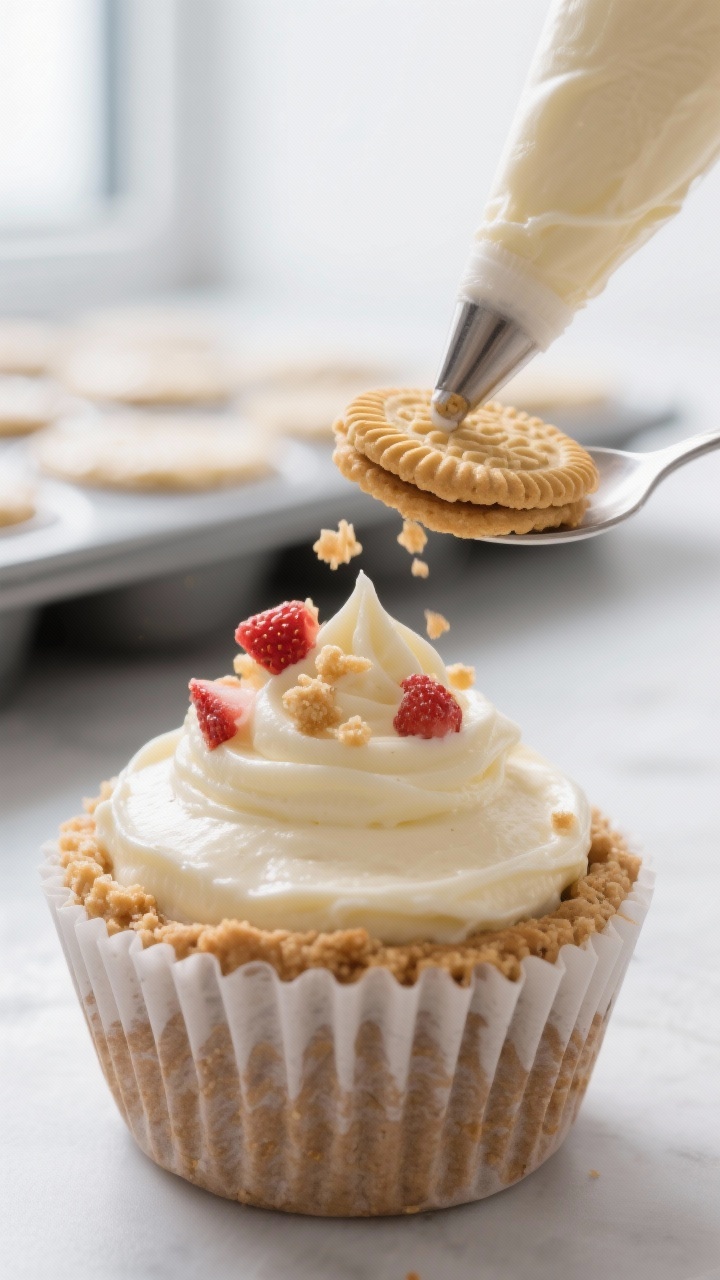 Close-up detail and process: A tight macro shot of a freshly filled Strawberry Crunch Cheesecake cup