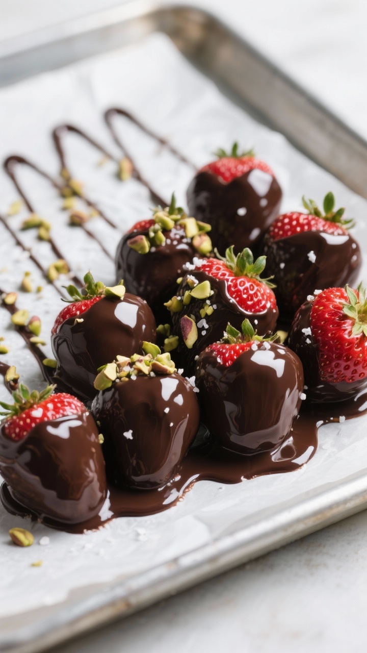 Close-up detail, cooking process: A cluster of freshly dipped chocolate-covered strawberries resting