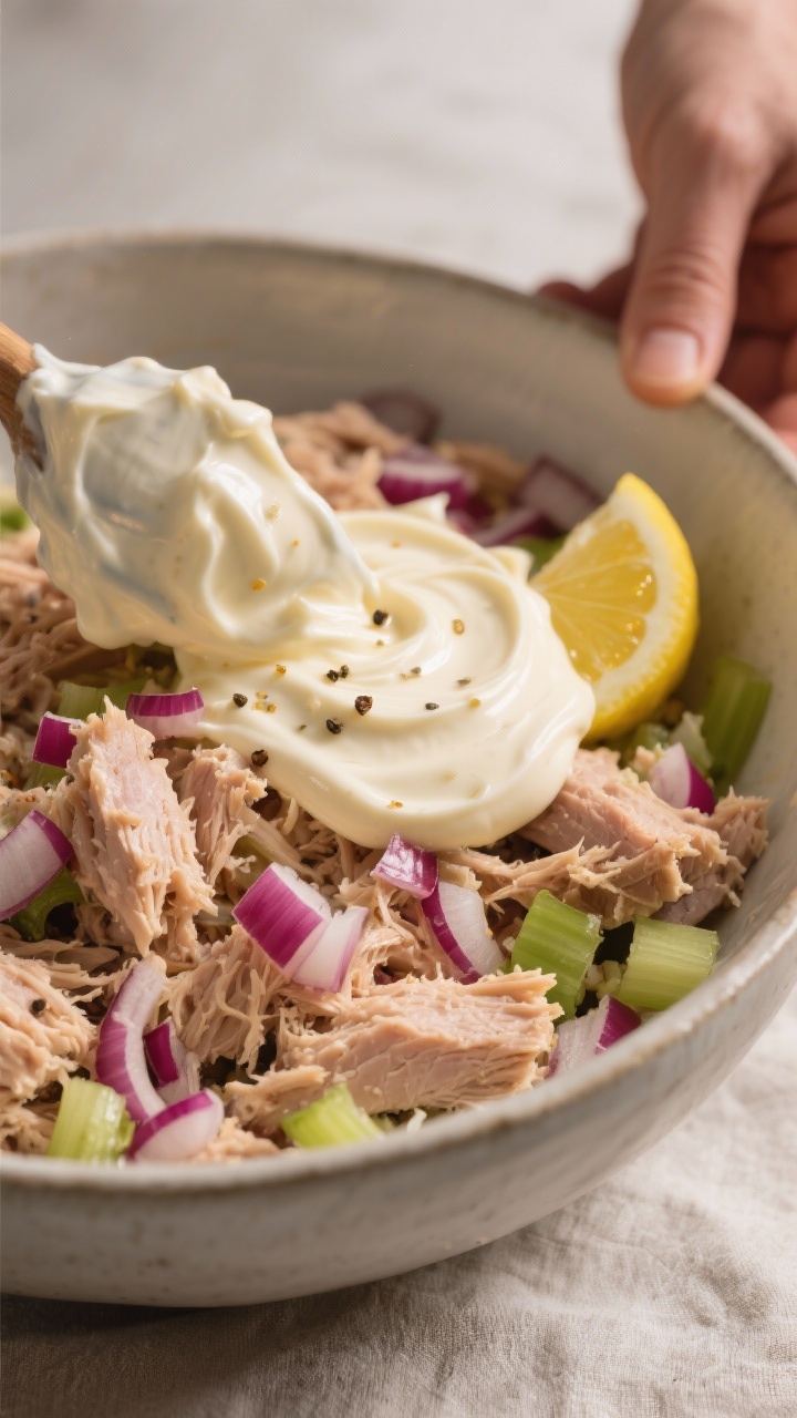 Close-up detail/cooking process: A mixing bowl filled with flaked, well-drained tuna being folded wi