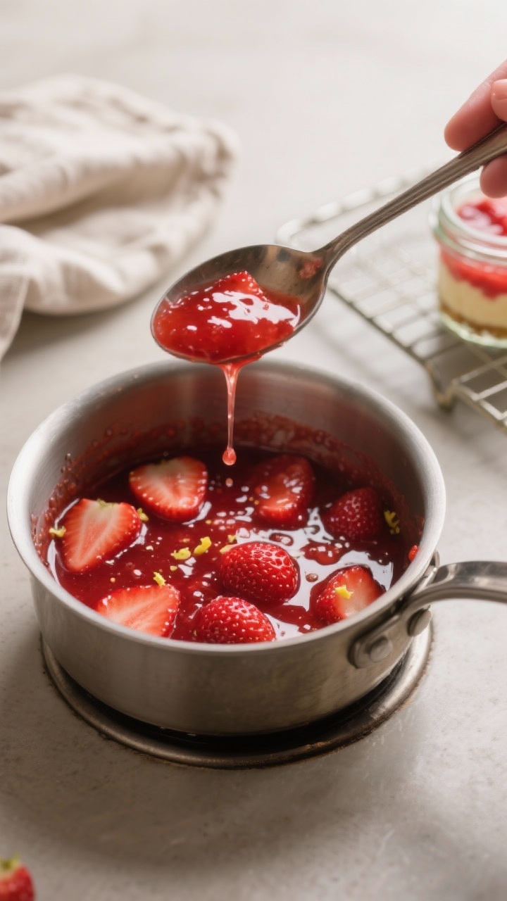 Close-up detail, cooking process: A small saucepan on a neutral matte stovetop with freshly cooked s
