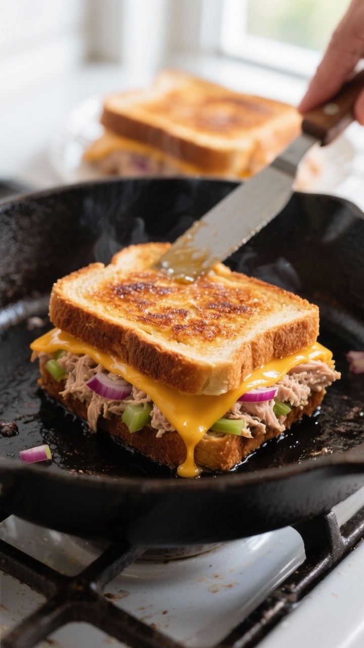 Close-up detail, cooking process: A tuna melt sizzling in a cast-iron skillet over medium heat, shot