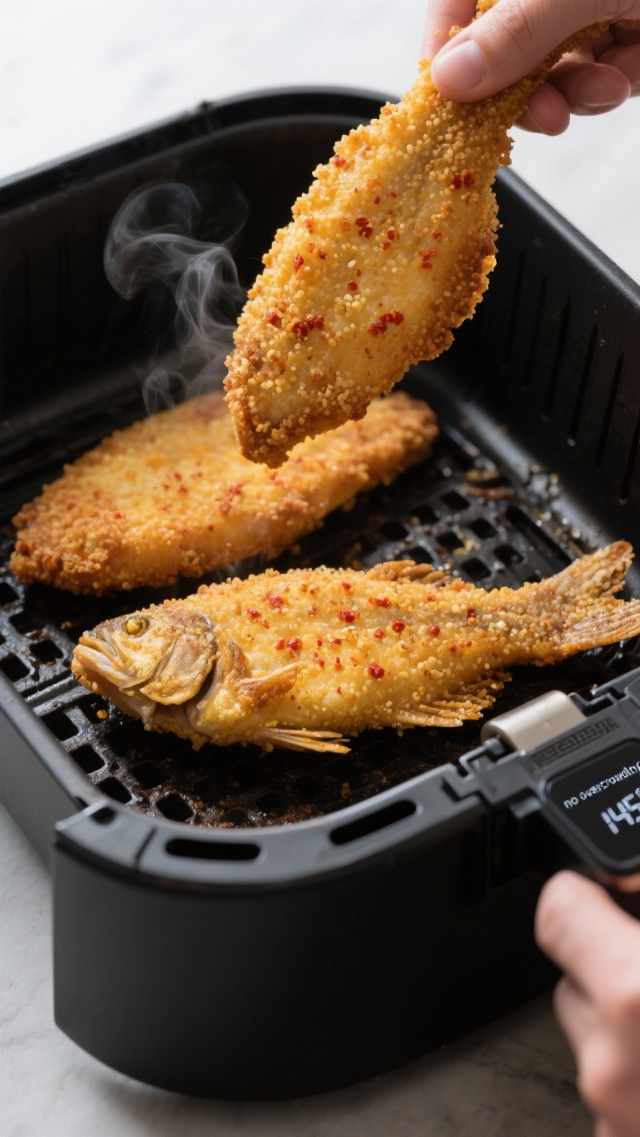 Close-up detail, cooking process: Air fryer basket at 400°F with two golden-brown catfish fillets m