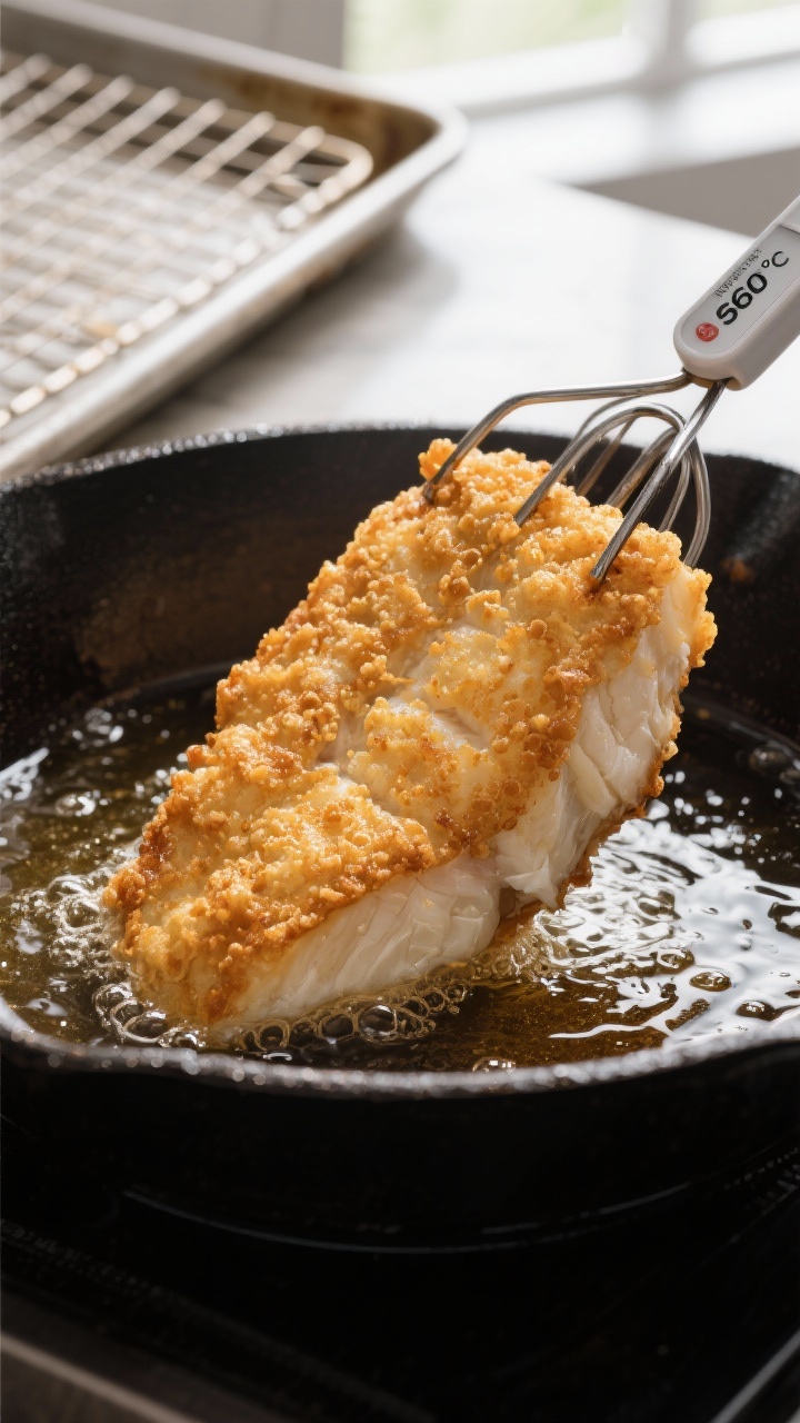 Close-up detail/cooking process: Beer-battered cod emerging from hot oil in a deep skillet, one fill