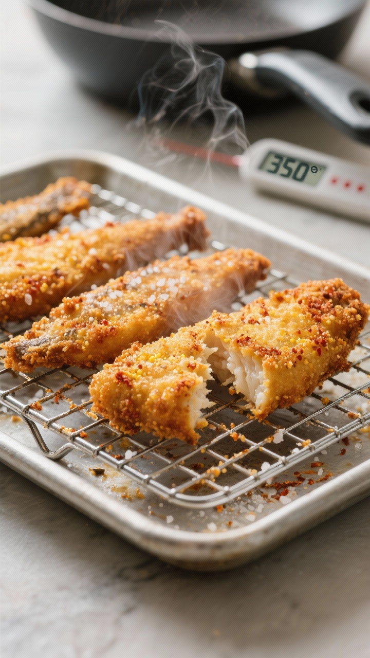 Close-up detail, cooking process: Crispy catfish strips just out of a shallow fry, resting on a wire