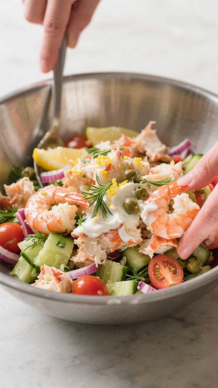 Close-up detail, cooking process: Gently folding prepared seafood salad in a large chilled stainless