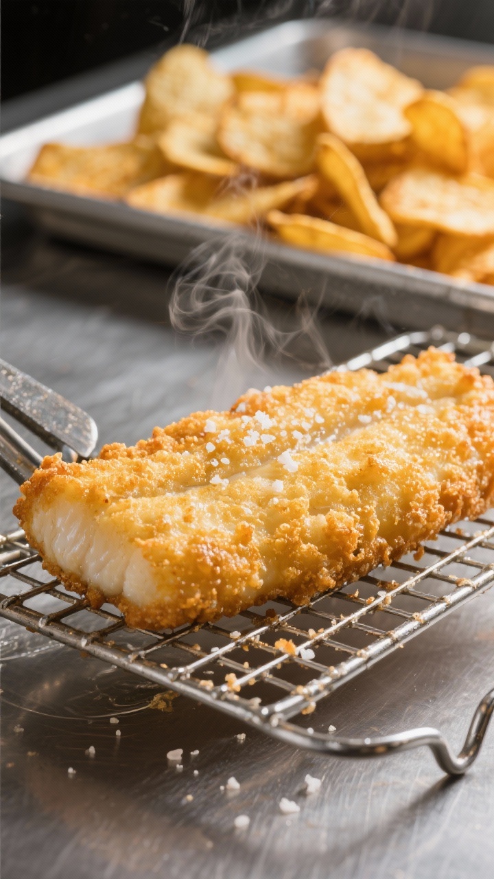 Close-up detail, cooking process: Golden battered cod fillet just lifted from hot oil, resting on a