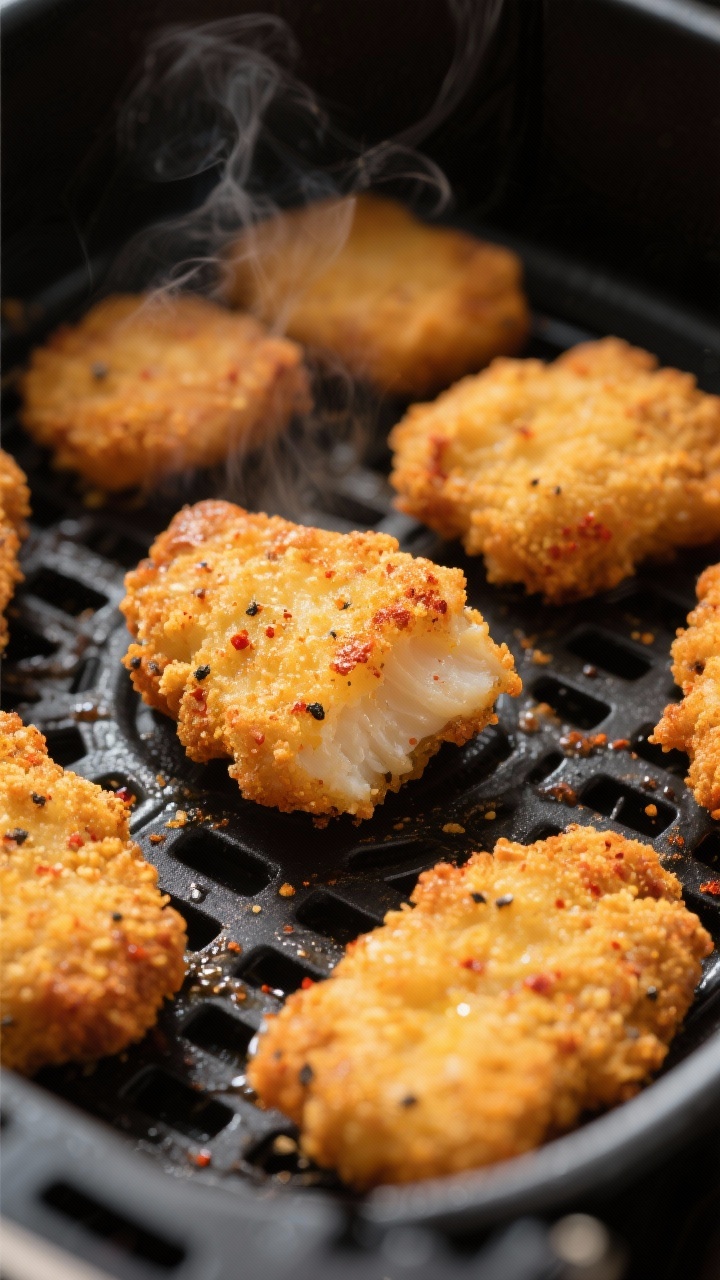 Close-up detail, cooking process: Golden-brown air fryer catfish nuggets mid-cook in a preheated air