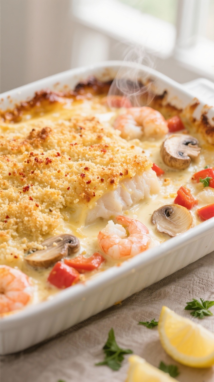 Close-up detail, cooking process: Golden, bubbling baked seafood casserole just pulled from the oven