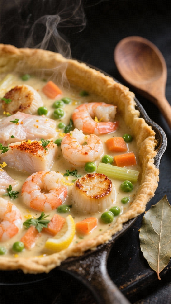 Close-up detail, cooking process: Golden, bubbling seafood pot pie filling in a skillet just before 