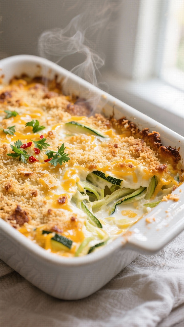 Close-up detail, cooking process: Golden, bubbling zucchini casserole just pulled from the oven in a