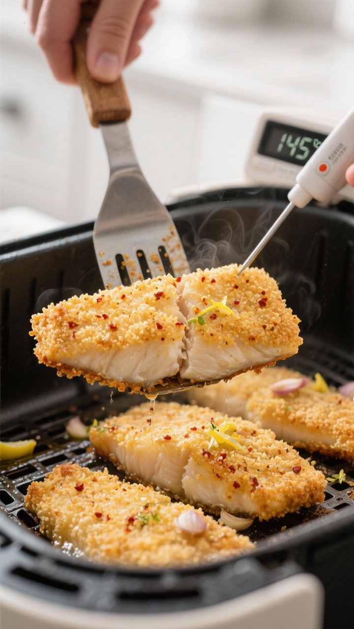 Close-up detail, cooking process: Golden, panko-crusted cod fillets mid-air-fryer flip at 400°F, co