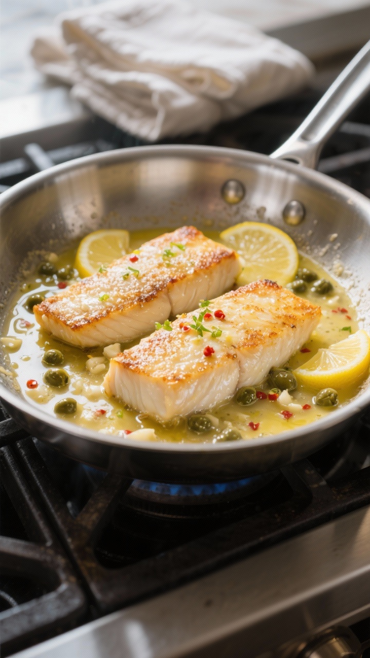 Close-up detail, cooking process: Golden-seared halibut fillets in a stainless-steel skillet mid-pic