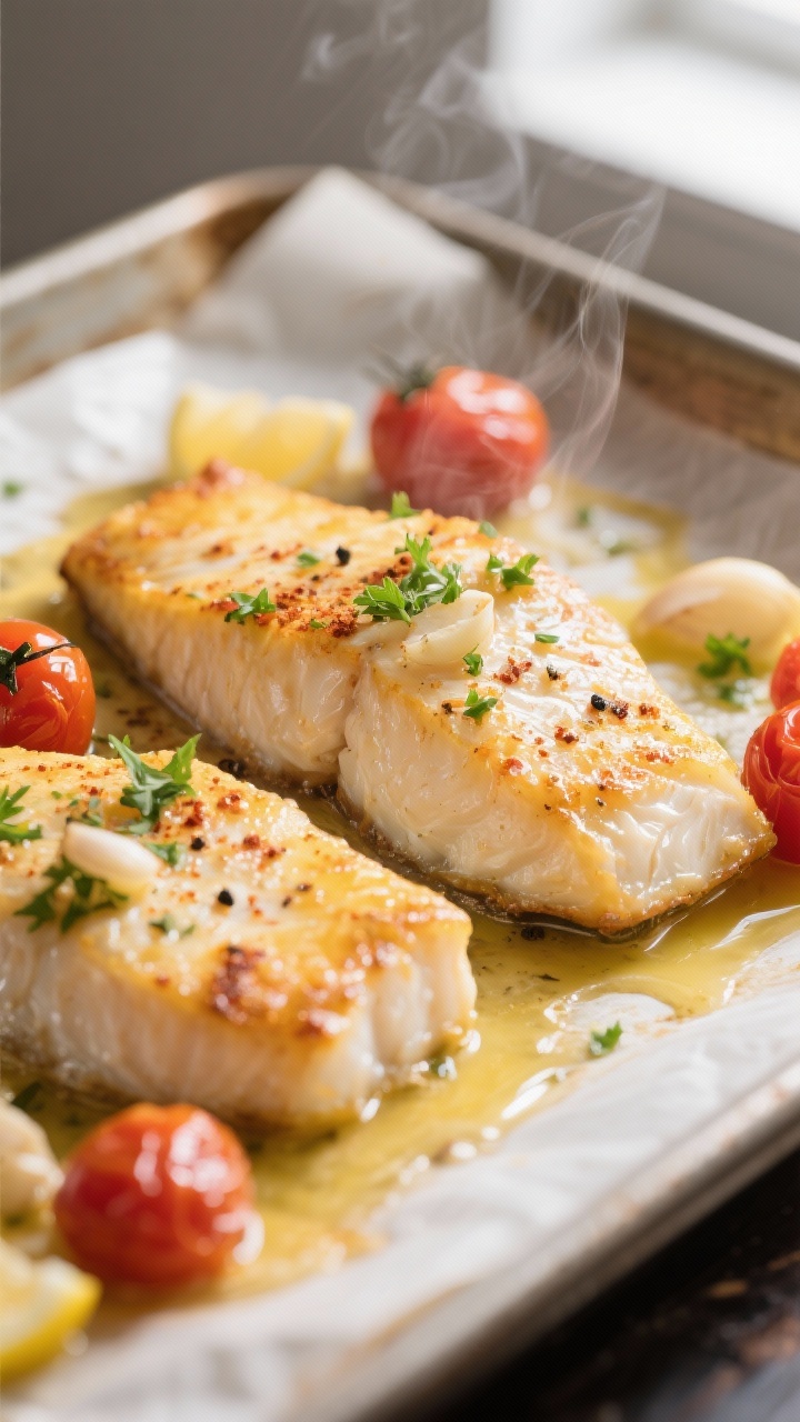 Close-up detail, cooking process: Golden-topped baked cod just out of the oven on a parchment-lined 