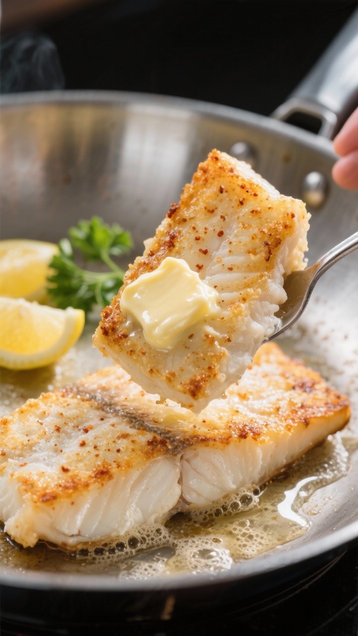 Close-up detail, cooking process: Pan-fried cod fillets in a stainless-steel skillet at the moment o