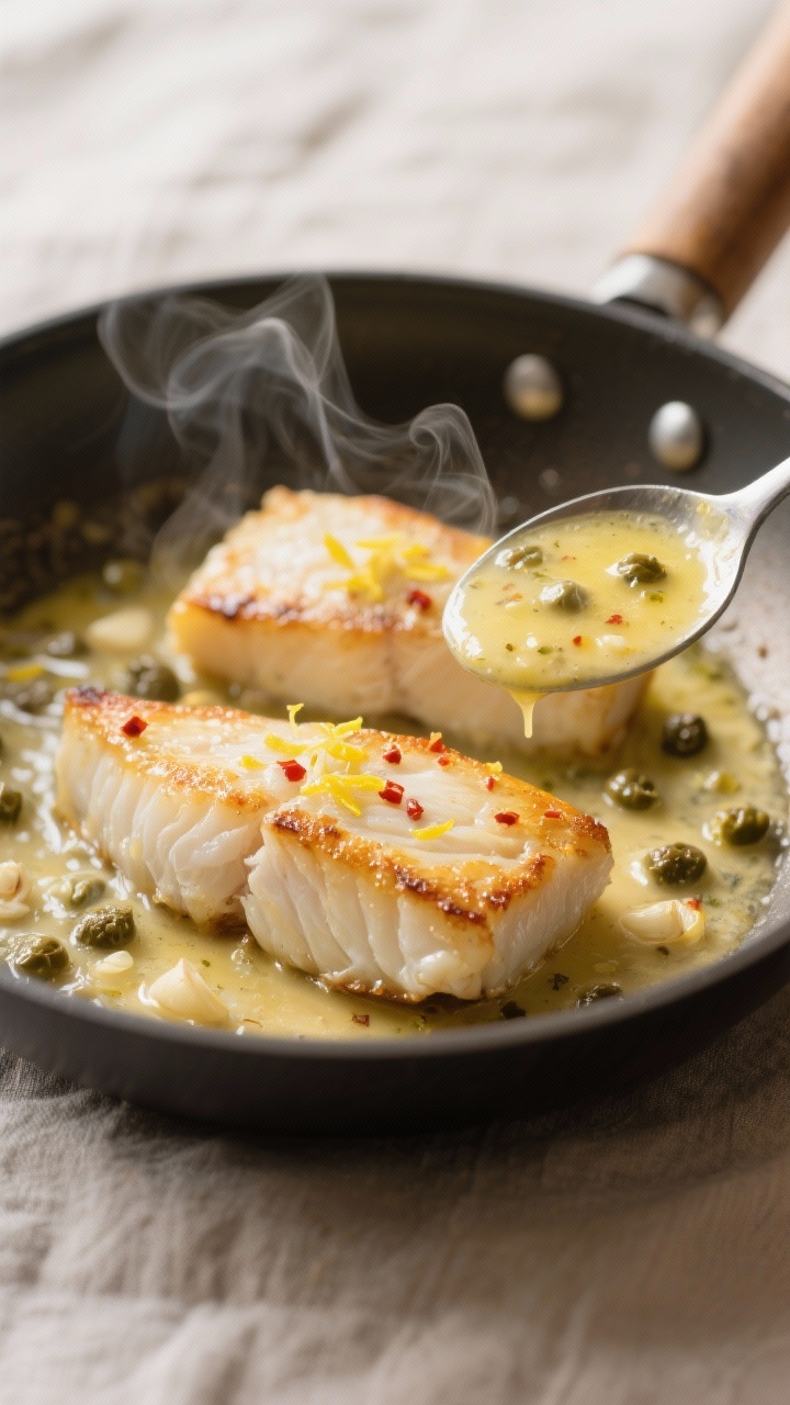 Close-up detail, cooking process: Pan-seared cod fillets in a stainless skillet, lightly golden edge