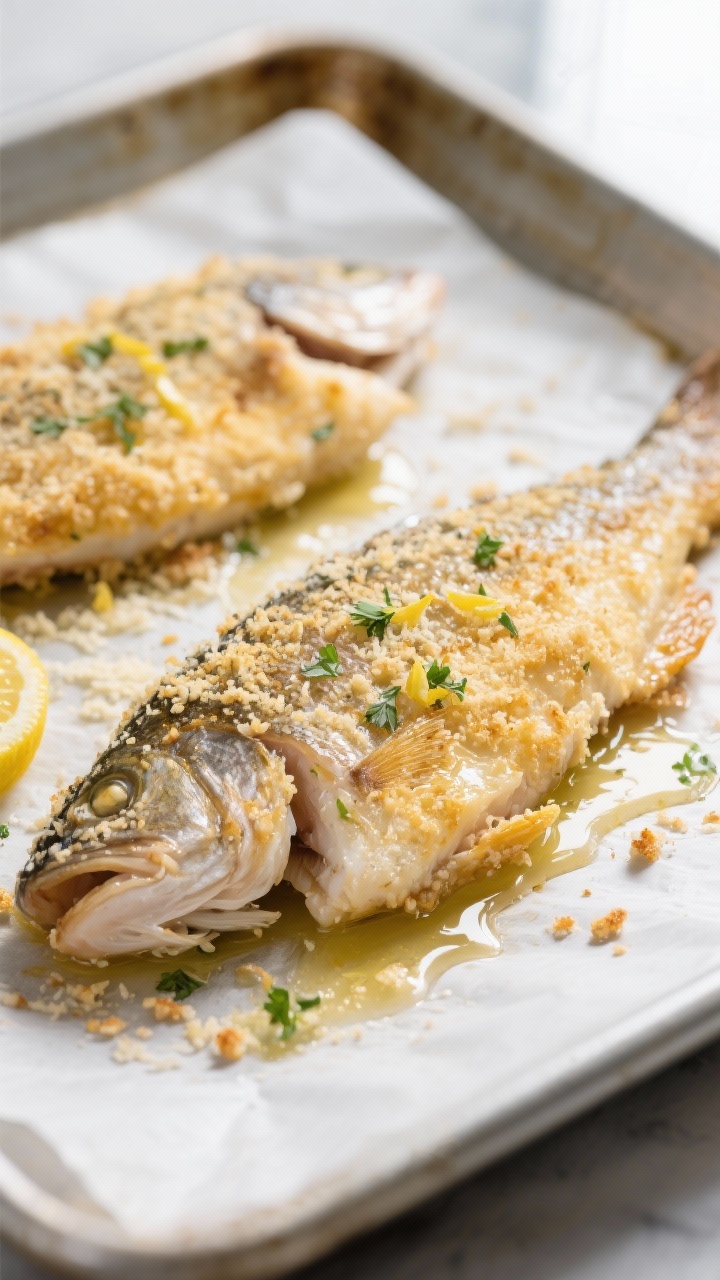 Close-up detail/cooking process: Parmesan-crusted walleye fillets baking crust-side up on a parchmen