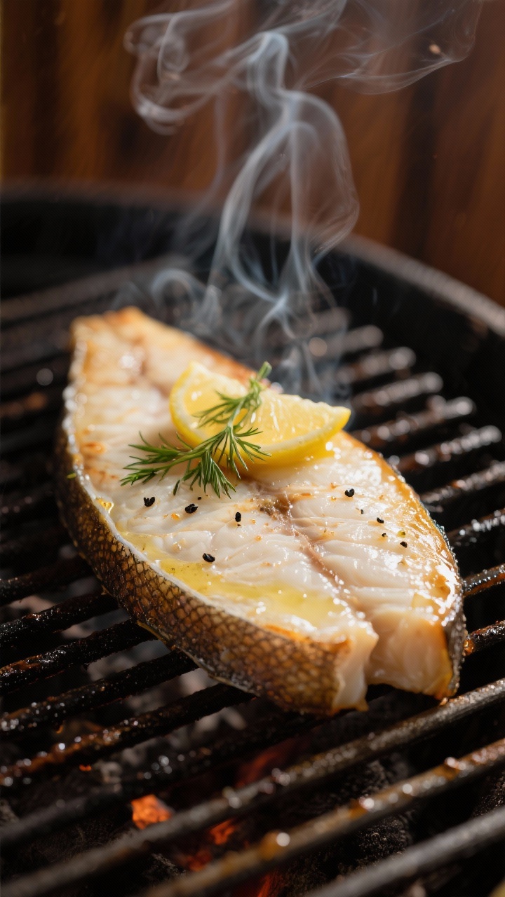 Close-up detail, cooking process: Smoked halibut fillet on a smoker grate at 200–225°F, skin-side