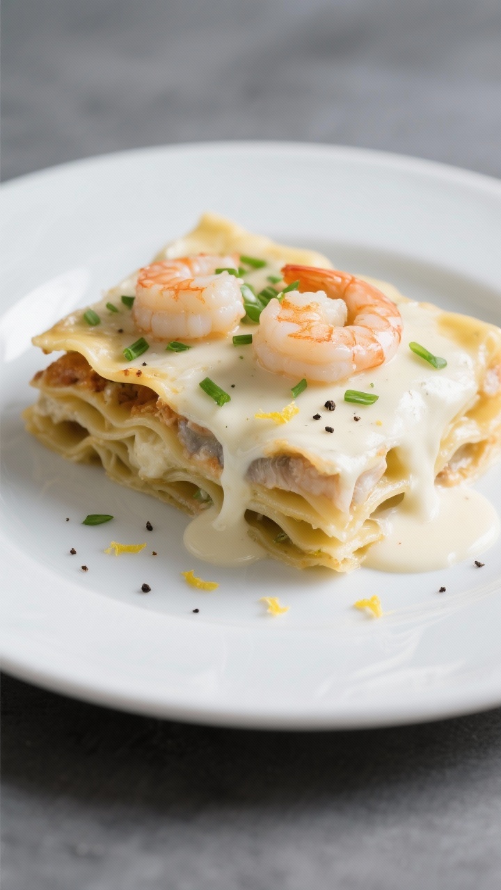 Close-up detail of a plated slice of white sauce seafood lasagna mid-serve, layers clearly defined: 