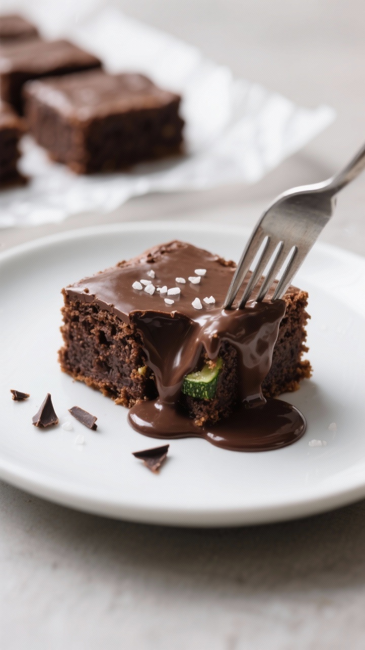 Close-up detail of a single square of chocolate zucchini cake on a matte white plate, fork cutting i