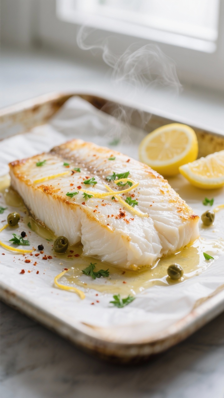 Close-up detail of baked halibut just out of the oven on a parchment-lined sheet pan, showing flaky,