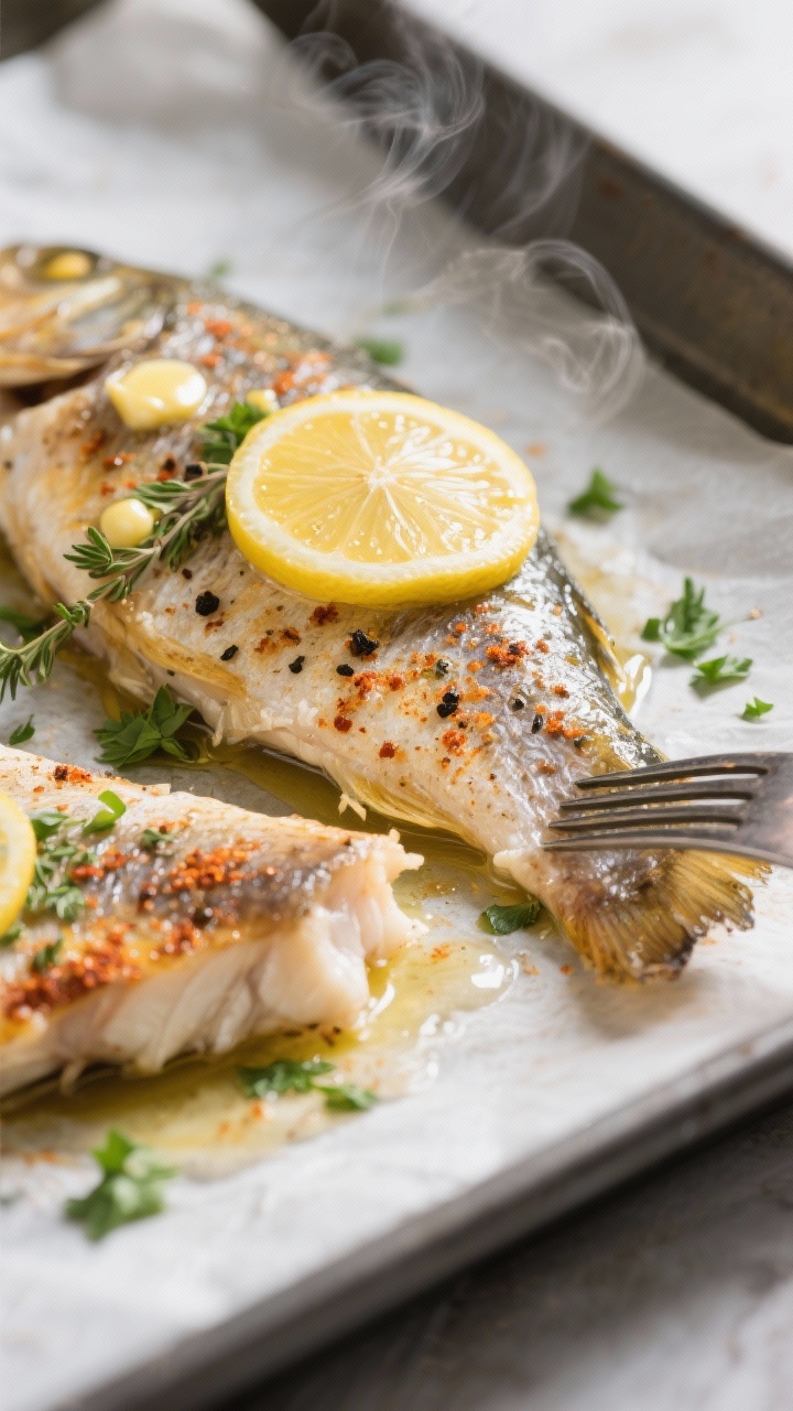 Close-up detail of baked perch just pulled from the oven on a parchment-lined sheet pan: fillets gli