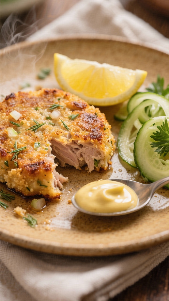 Close-up detail of Crispy Tuna Patties fresh from the pan: golden, deeply seared crust with visible 