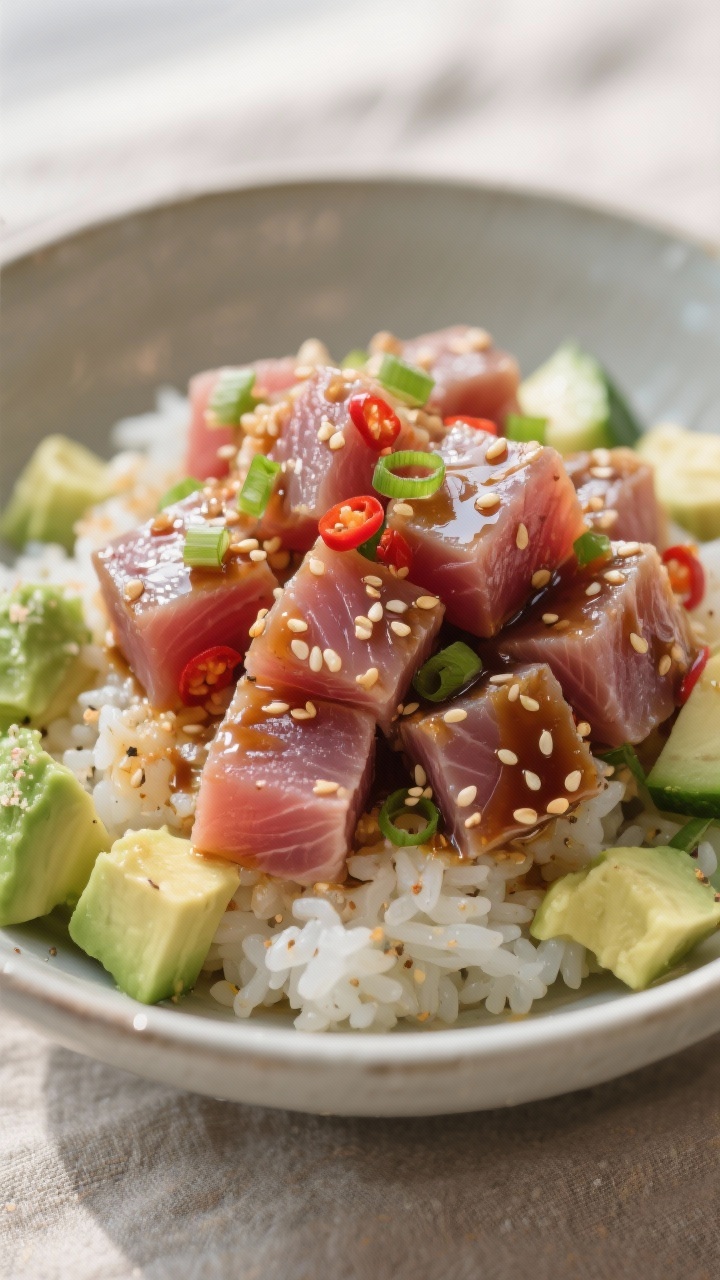 Close-up detail of finished tuna poke: glossy 1/2-inch cubes of ahi coated in soy-sesame dressing wi