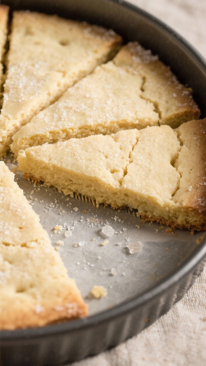Close-up detail of freshly baked shortbread wedges scored and re-cut in the pan, pale golden edges w