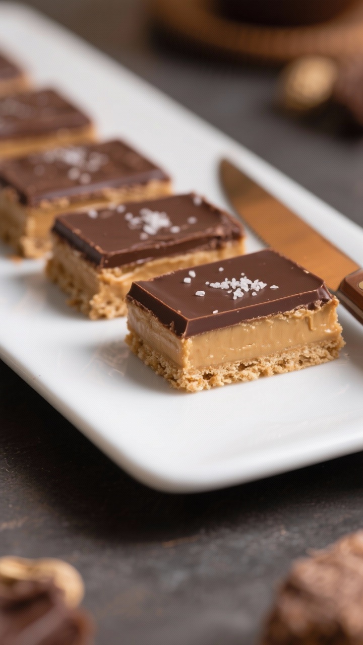 Close-up detail of neatly sliced peanut butter bars on a matte white platter, showcasing the creamy 