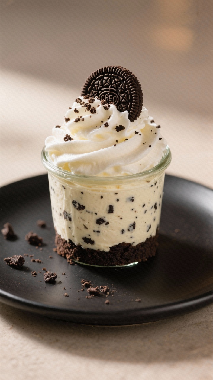 Close-up detail of the final plated no-bake Oreo cheesecake cup: a single clear jar filled to the br