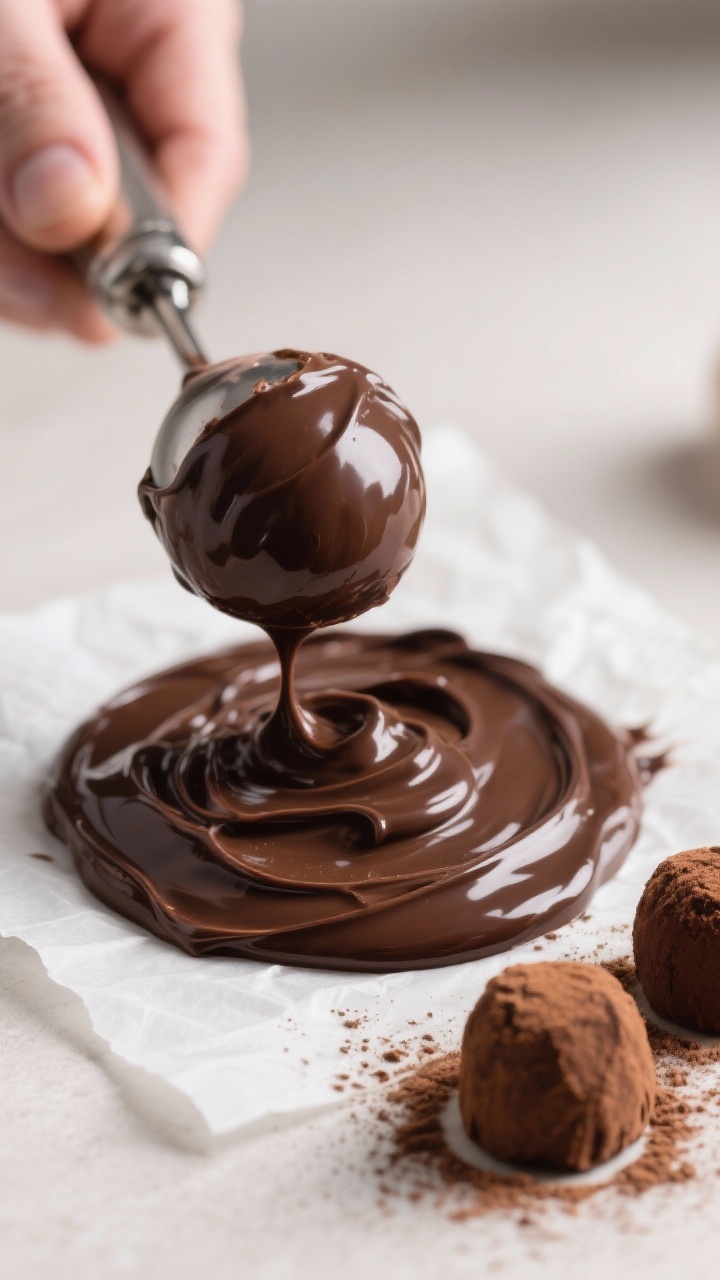 Close-up detail/process shot: A glossy dark chocolate ganache just firm enough to scoop, captured mi