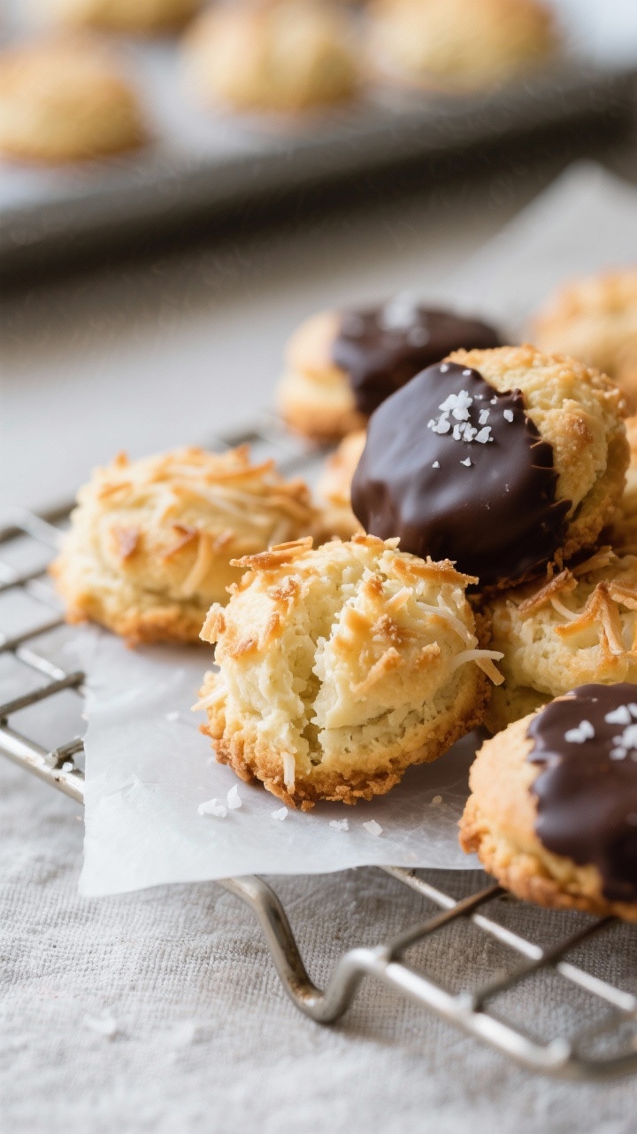 Close-up detail shot: A cluster of freshly baked coconut macaroons cooling on a wire rack, edges and