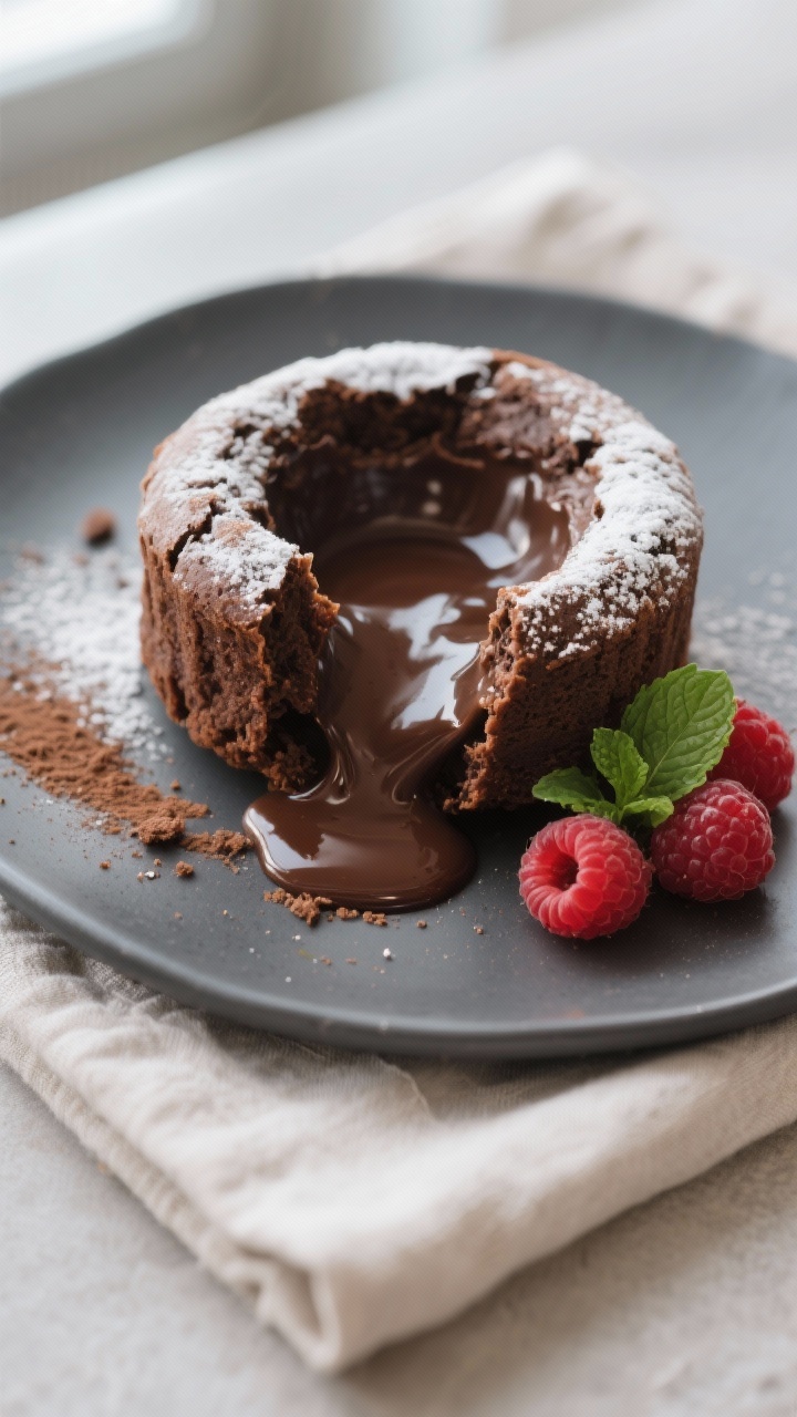 Close-up detail shot: A freshly unmolded mini chocolate lava cake just cut open, rich molten center