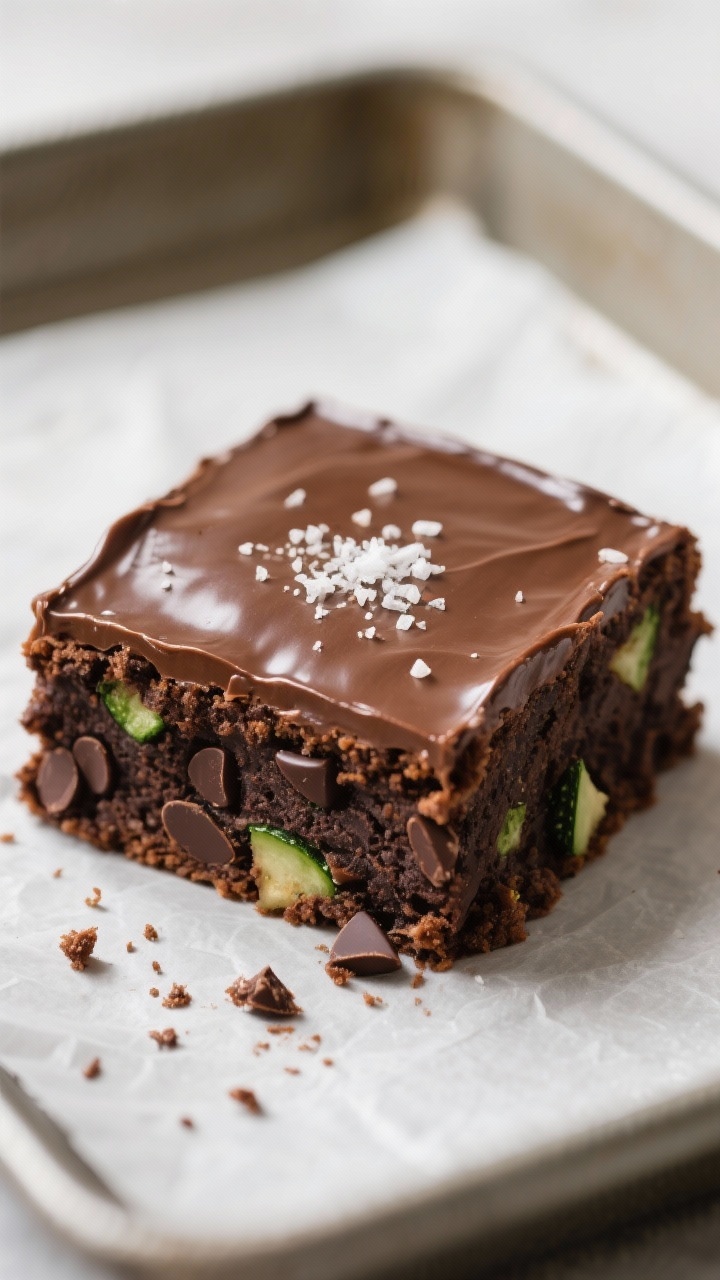 Close-up detail shot: A just-sliced square of fudgy zucchini brownie with glossy stovetop chocolate 