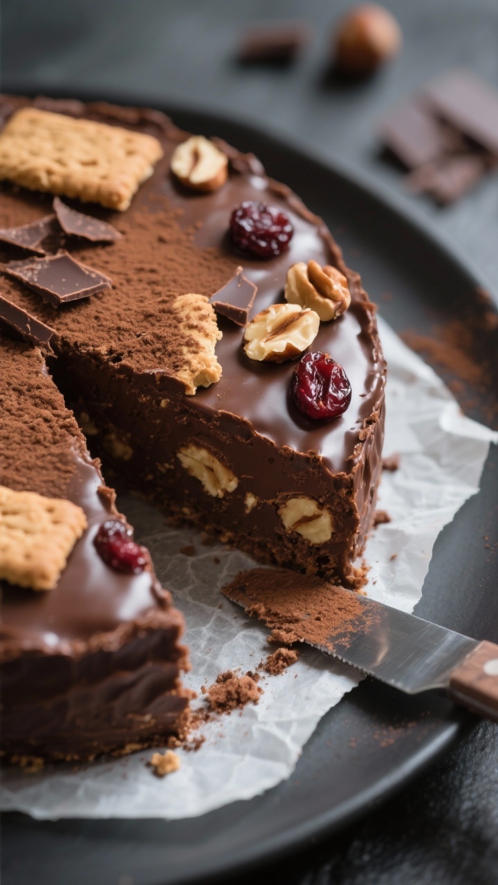 Close-up detail shot: A slice of no-bake chocolate biscuit cake just cut, showing glossy, fudgy choc