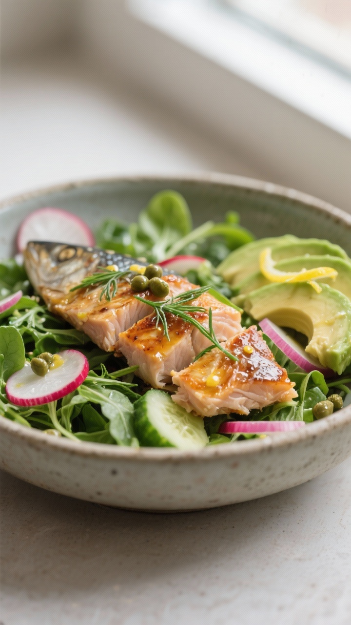 Close-up detail shot: Flaked hot-smoked mackerel nestled over lightly dressed mixed greens with arug