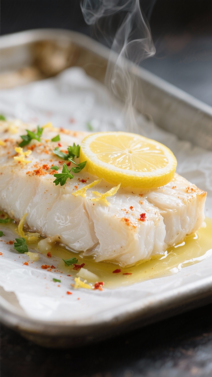 Close-up detail shot: Flaky, cooked cod fillet just after the “finish cooking” stage on a parchm